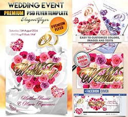 豪华婚礼海报/传单模板：Wedding Event 2 – Flyer PSD Template + Facebook